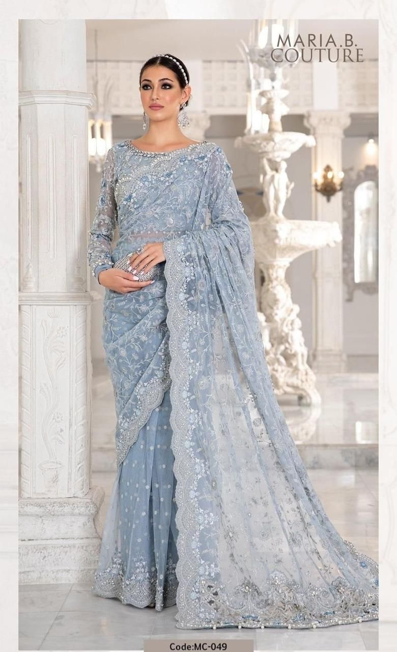 Maria B Exclusive Heavy Embroidered Net Saree with Adda Work & Cutwork Pallu