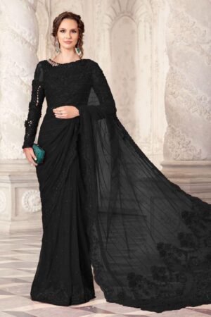Maria B Exclusive Heavy Embroidered Net Black Saree with Adda Work & Cutwork Border