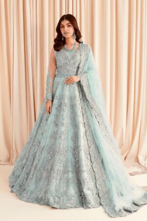 Maria B Heavy Embroidered Net Frock With Satin Silk Trouser & Embroidered Dupatta