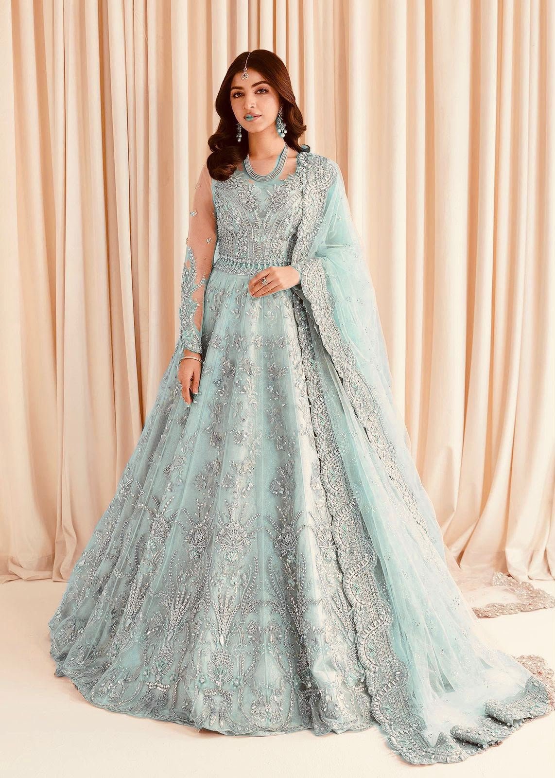 Maria B Heavy Embroidered Net Frock With Satin Silk Trouser & Embroidered Dupatta