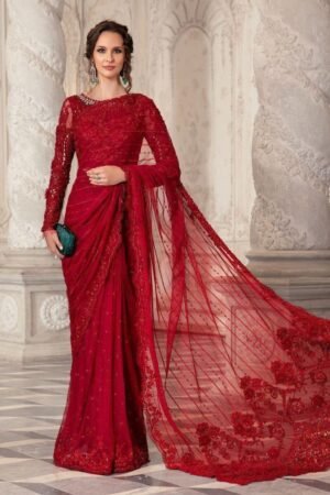 Maria B Exclusive Heavy Embroidered Net Red Saree with Adda Work & Cutwork Border