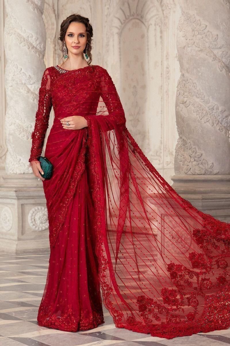 Maria B Exclusive Heavy Embroidered Net Red Saree with Adda Work & Cutwork Border